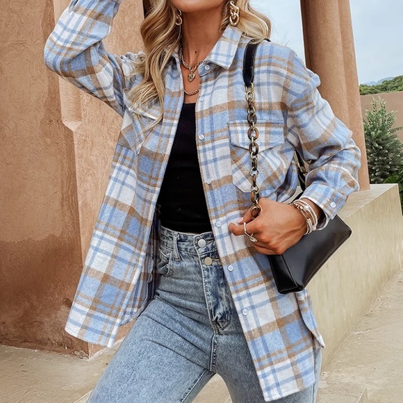 SOLD OUT Blue Plaid Flannel Oversized Shacket Shirt Jacket - Picture 3 of 5